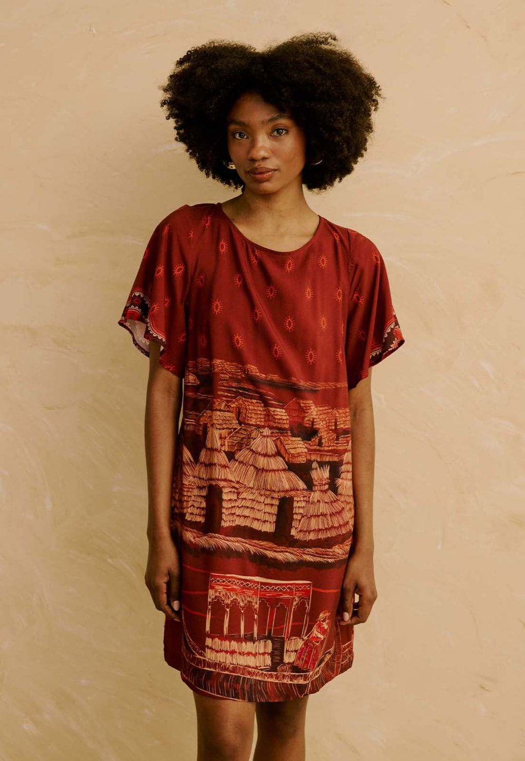 Vestido Manga Curta Estampado Lago Titicaca