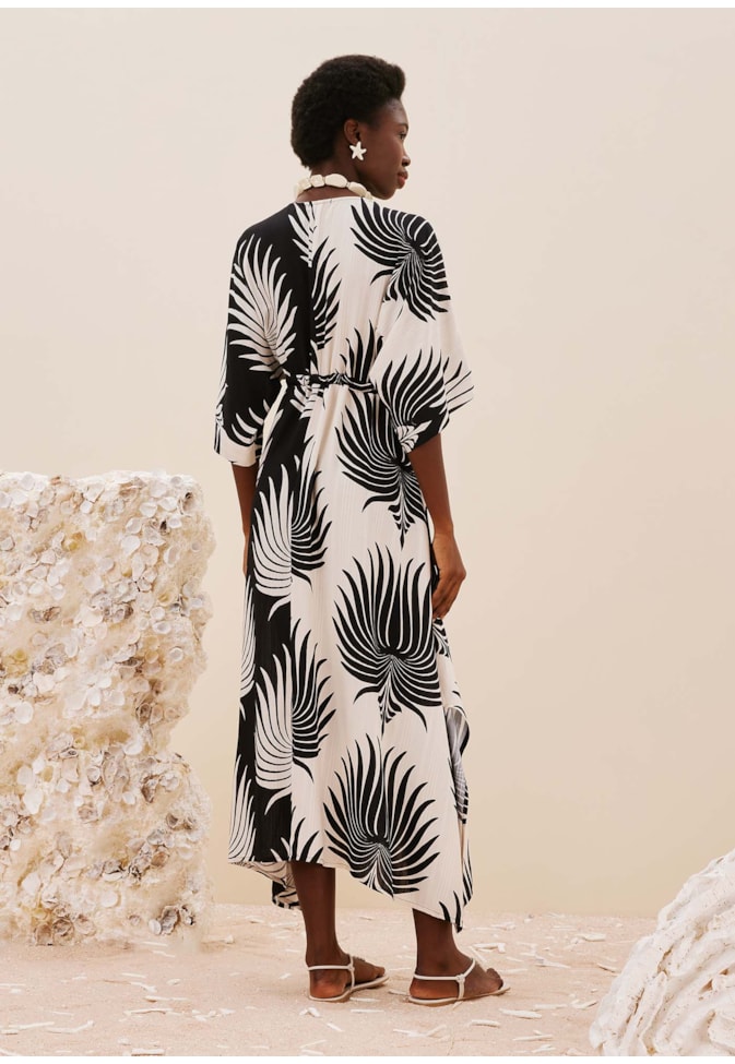 Vestido Manga Kimono Bicolor Estampado Leques