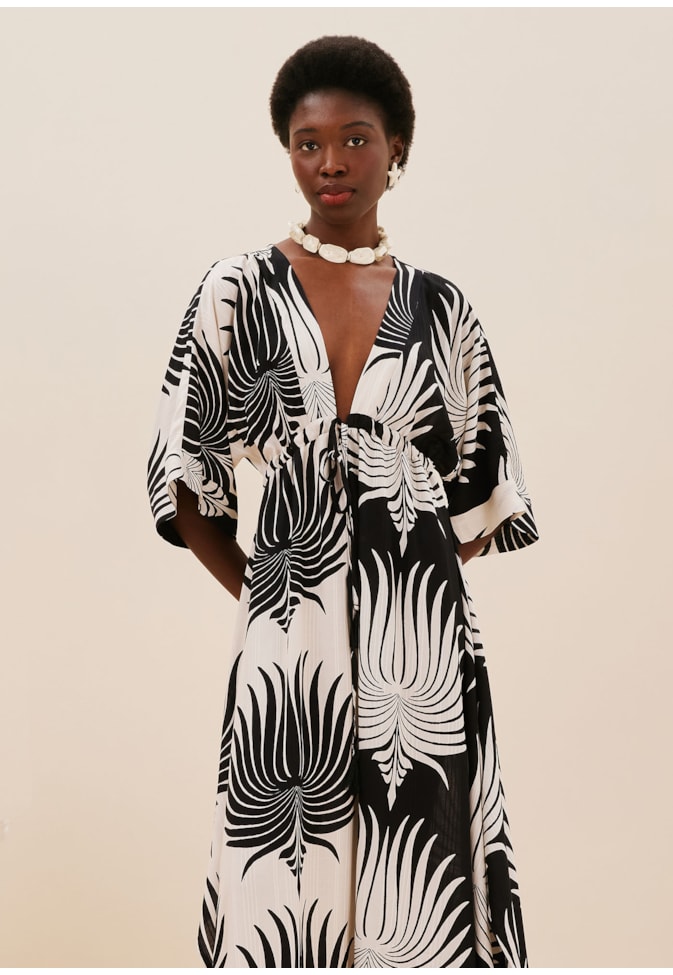 Vestido Manga Kimono Bicolor Estampado Leques