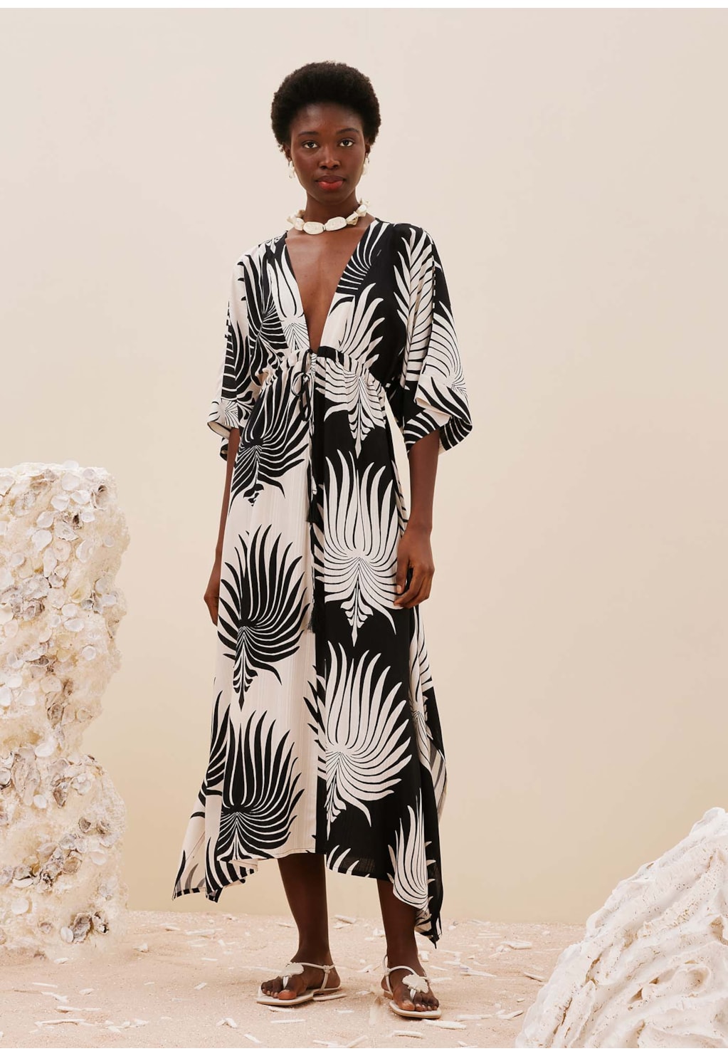 Vestido Manga Kimono Bicolor Estampado Leques