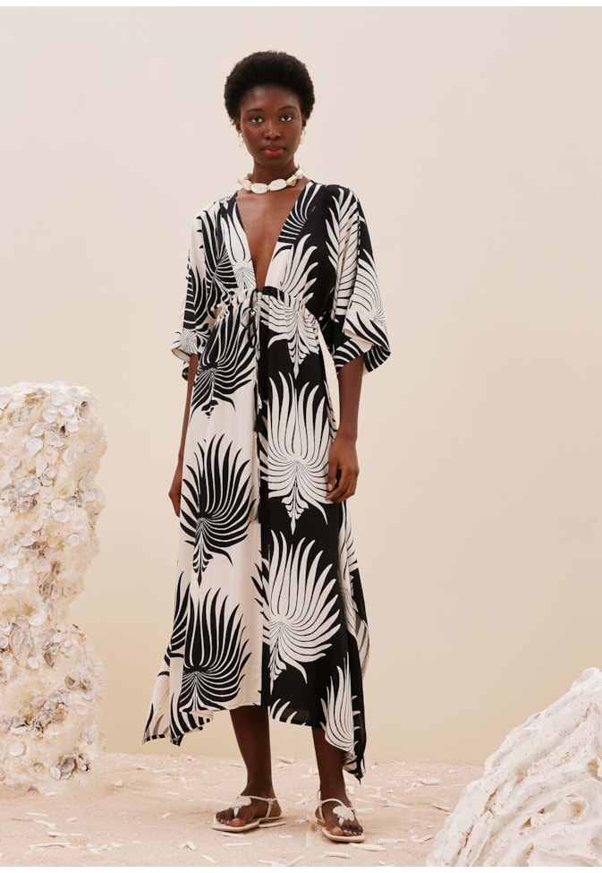 Vestido Manga Kimono Bicolor Estampado Leques