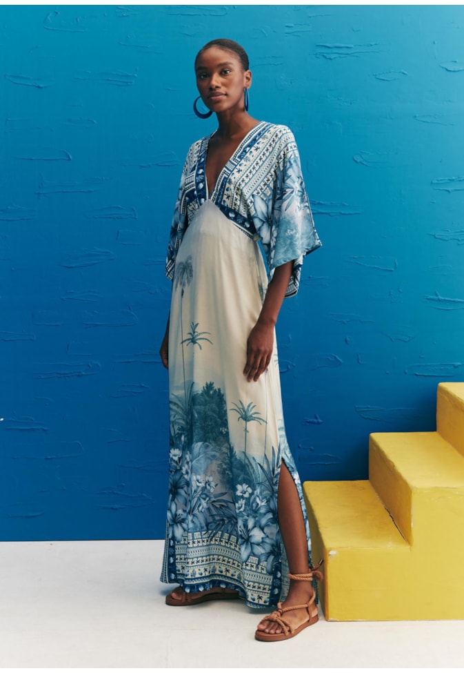 Vestido Max Decote Estampado San Andres