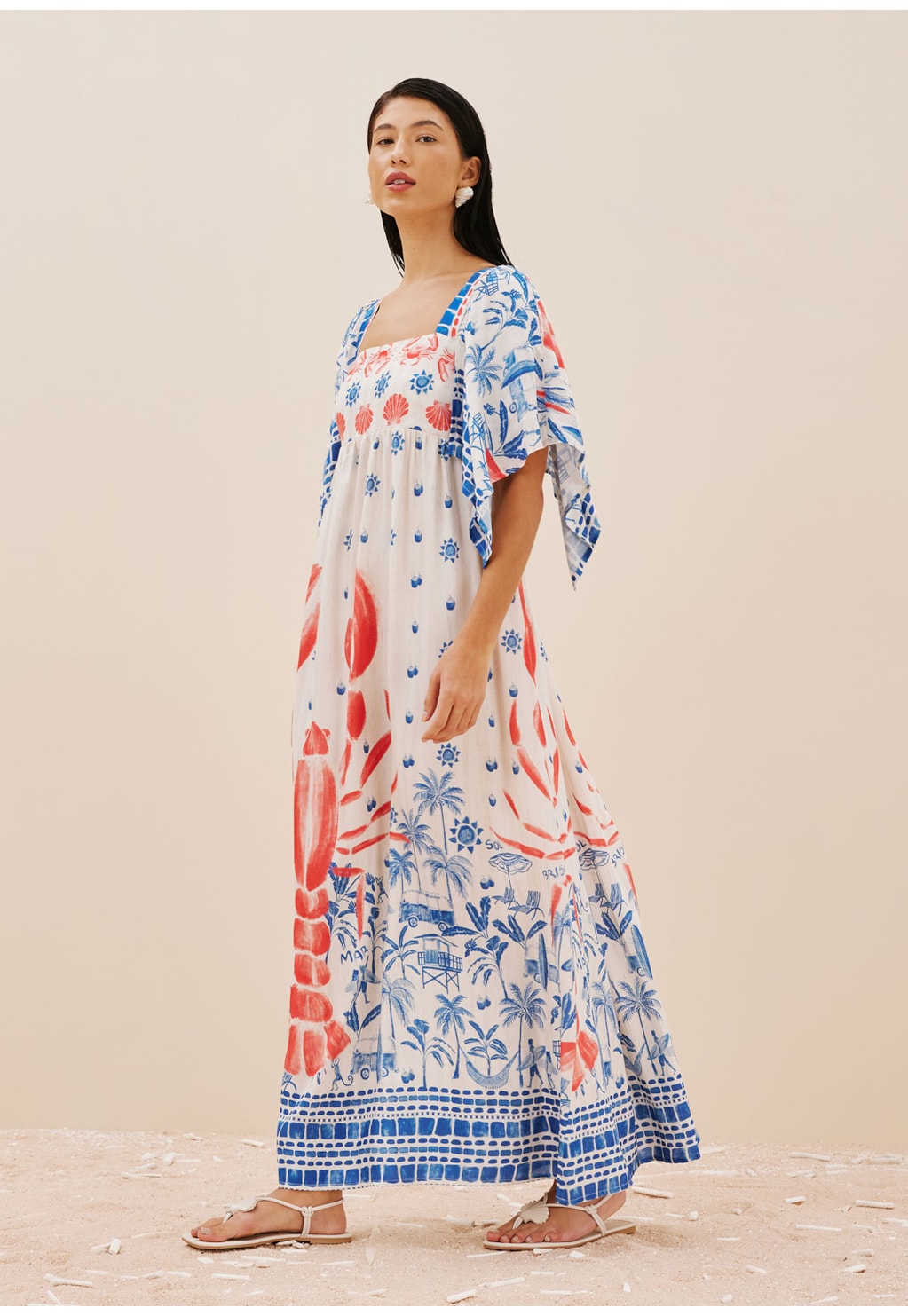 Vestido Max Midi Manga Aberta Estampado Icapui