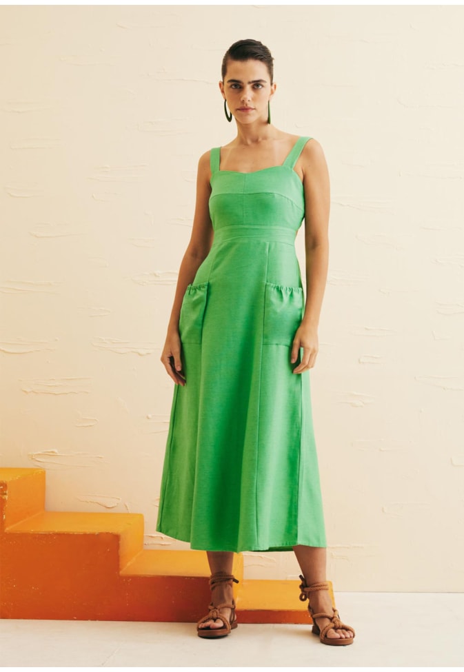 Vestido Max Midi Recortes Bolso