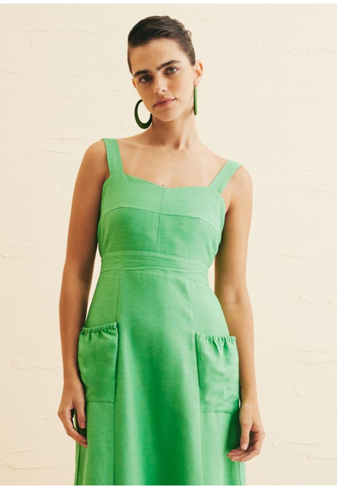 Vestido Max Midi Recortes Bolso