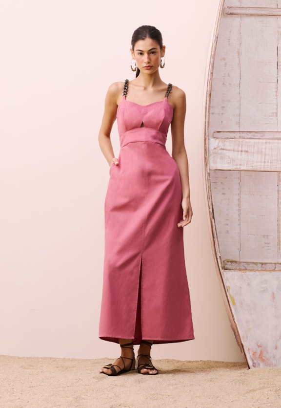 Vestido Maxi Midi Alça Corrente Vista Frontal