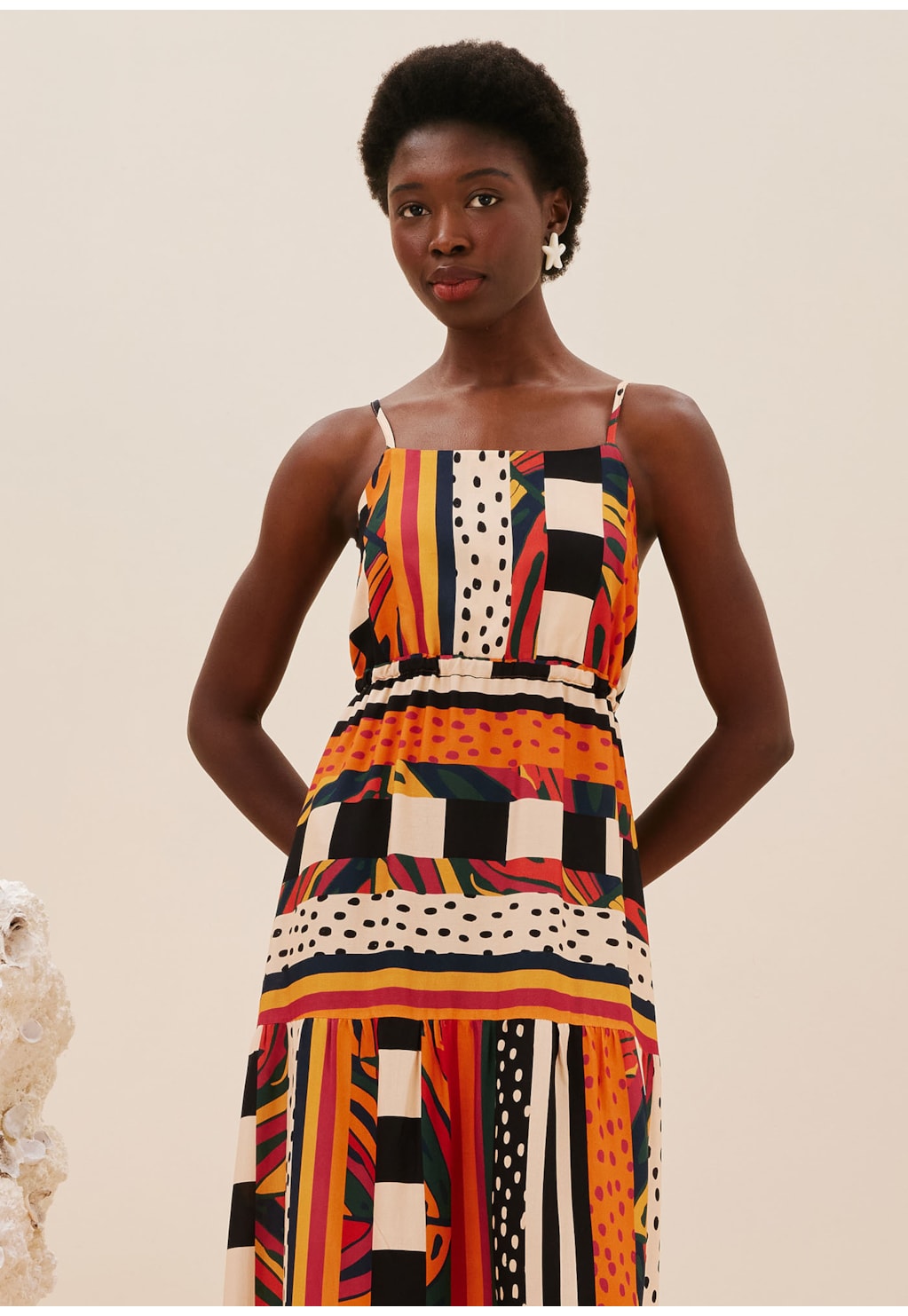 Vestido Maxi Midi Alça Fina Estampado Terra