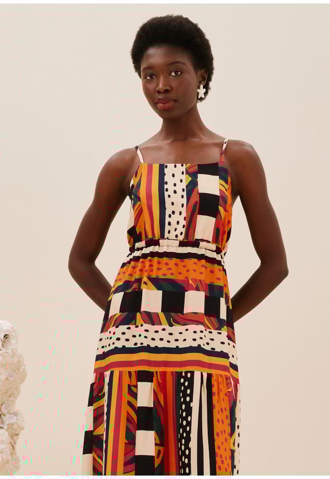 Vestido Maxi Midi Alça Fina Estampado Terra