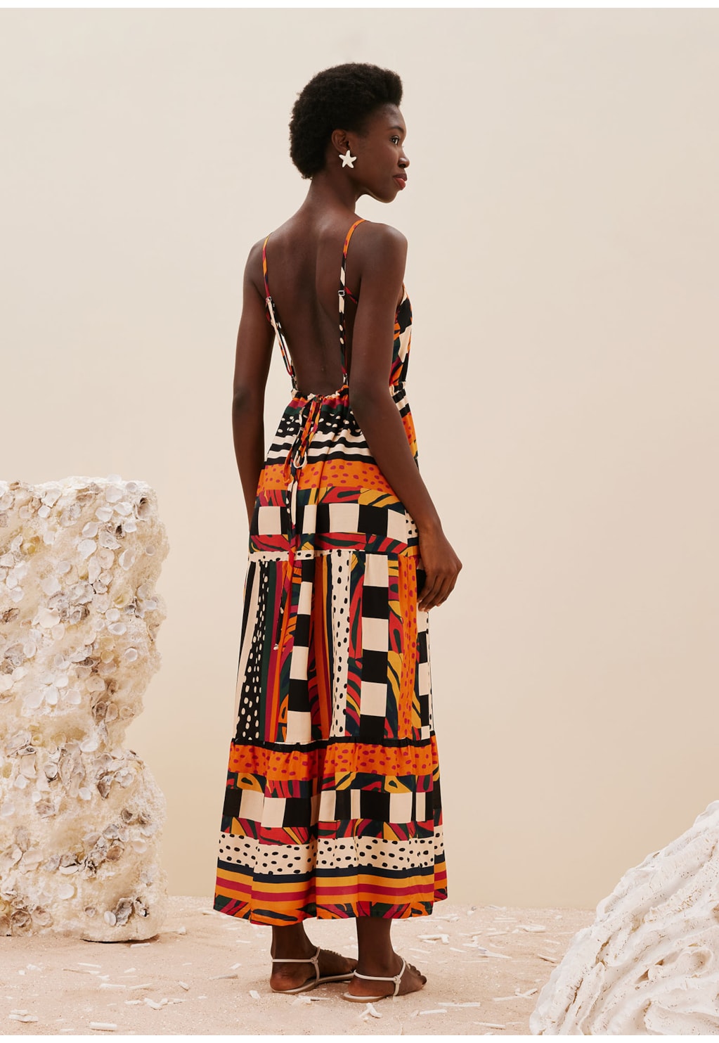 Vestido Maxi Midi Alça Fina Estampado Terra