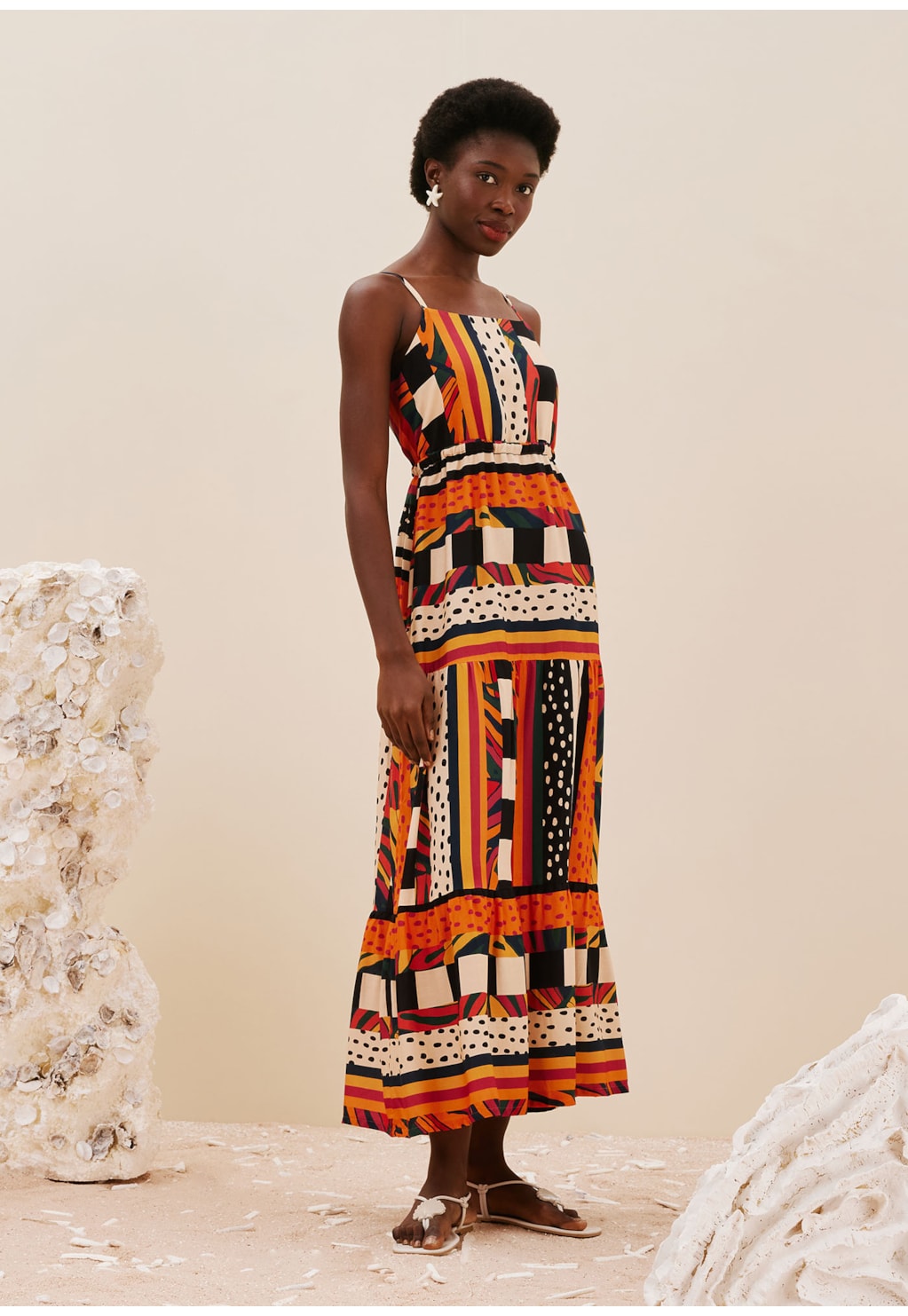 Vestido Maxi Midi Alça Fina Estampado Terra