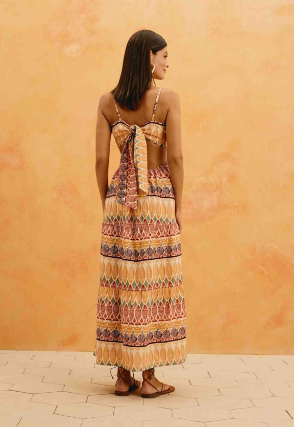 Vestido Maxi Midi Amarração Estampado Del Mar Vista Traseira