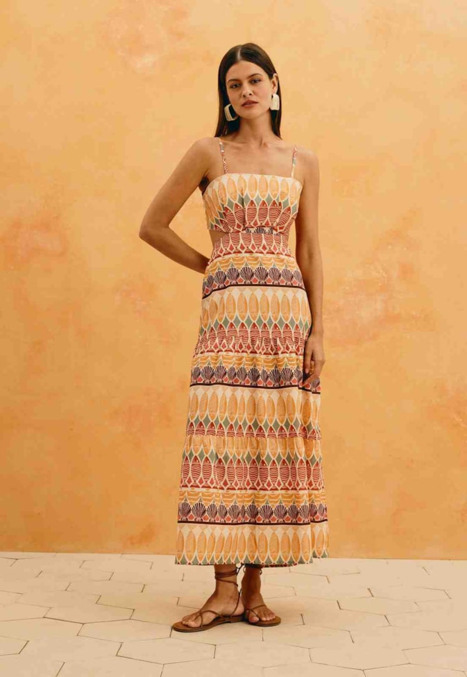 Vestido Maxi Midi Amarração Estampado Del Mar