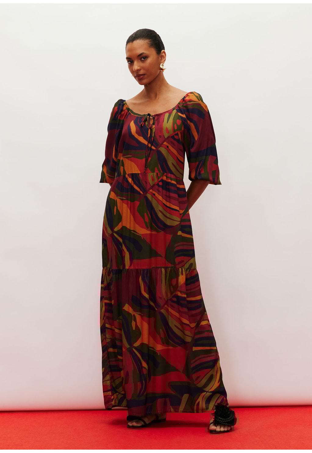 Vestido Maxi Midi Babados Estampado Merengue