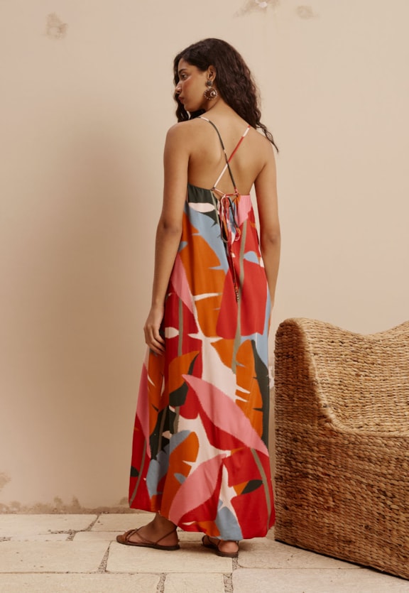 Vestido Maxi Midi Balonê Estampado Igapo Vista Traseira