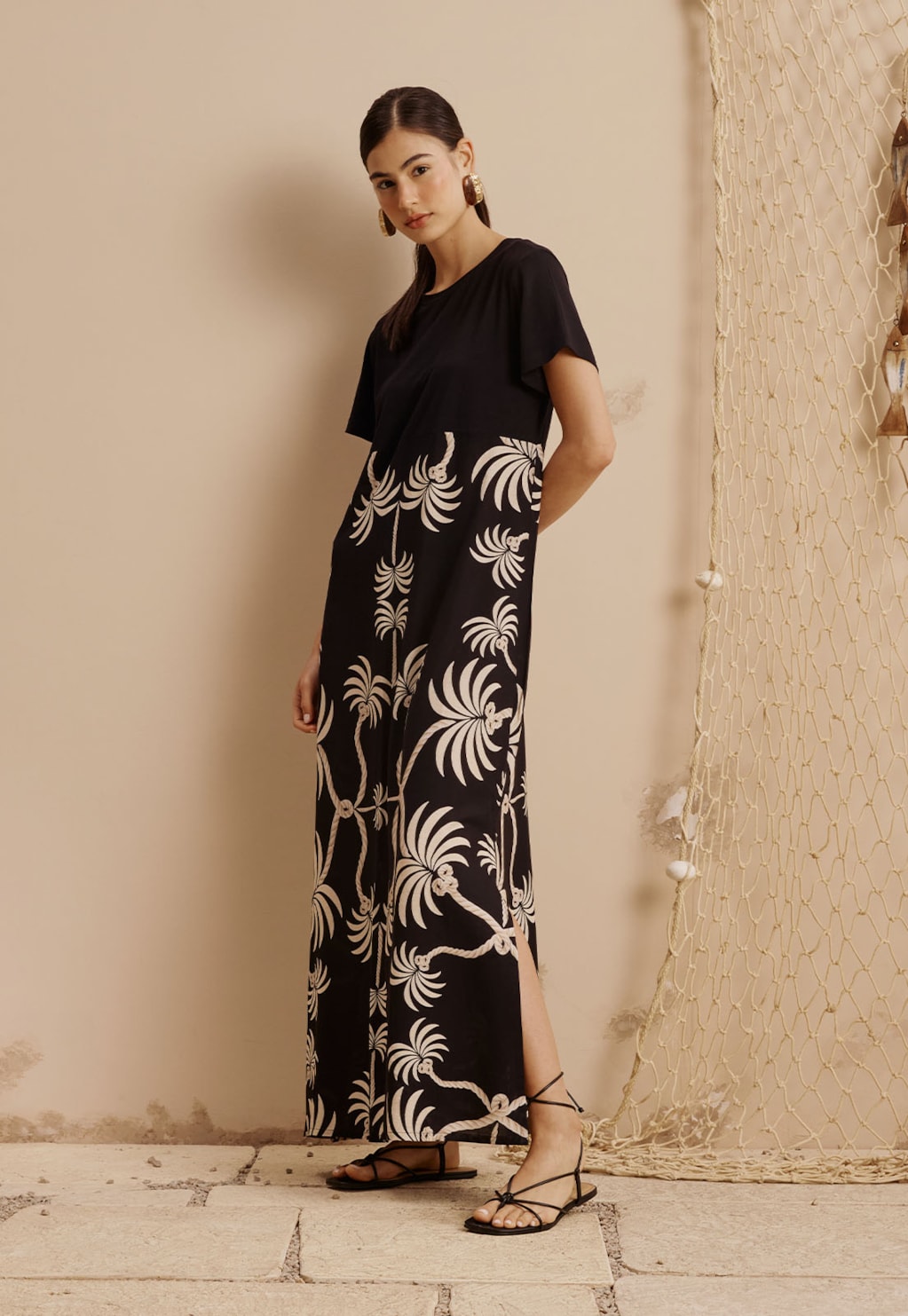 Vestido Maxi Midi com Malha Estampado Carnaúba