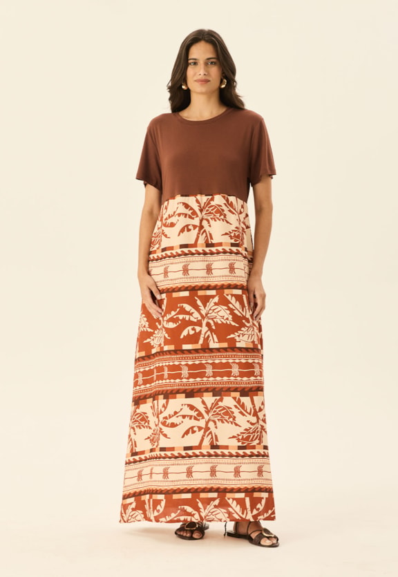 Vestido Maxi Midi com Malha Estampado Carnaúba Vista Frontal