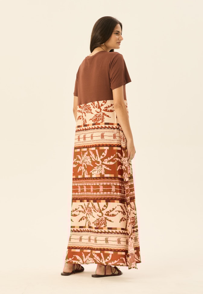 Vestido Maxi Midi com Malha Estampado Carnaúba