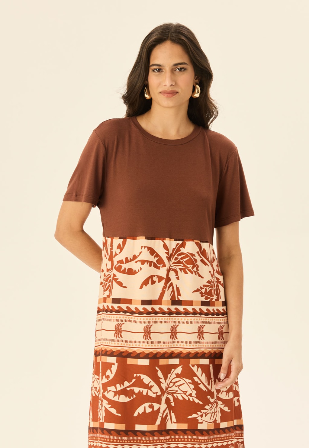 Vestido Maxi Midi com Malha Estampado Carnaúba