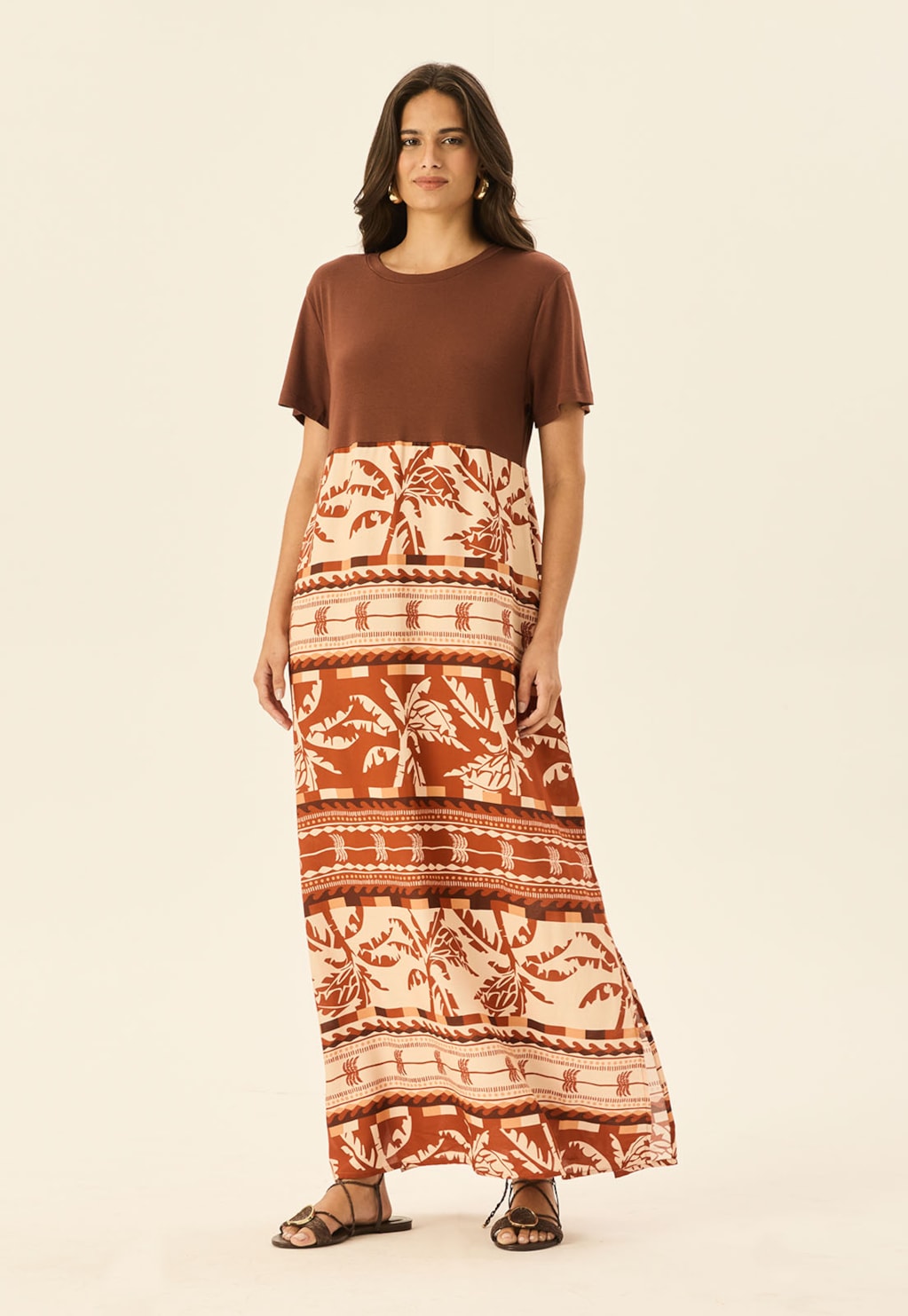 Vestido Maxi Midi com Malha Estampado Carnaúba