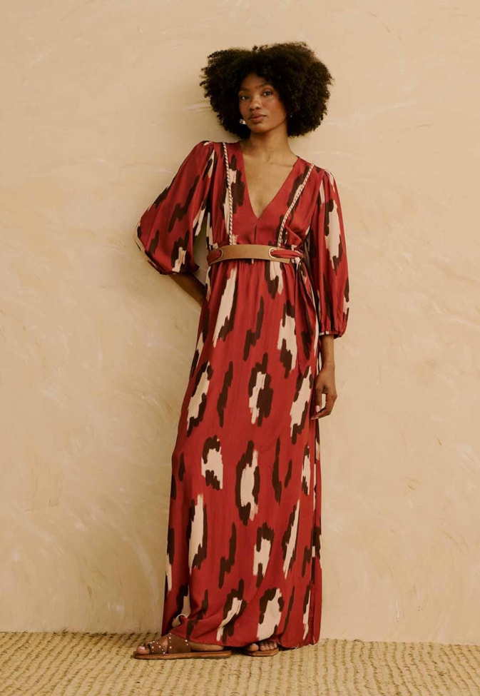 Vestido Maxi Midi Detalhe Vivo Estampado Chimu Marrom  