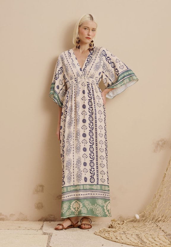 Vestido Maxi Midi Elástico Cintura Estampado Vinca Vista Frontal