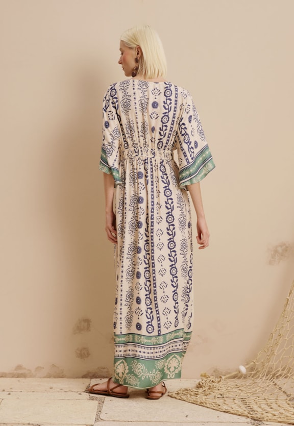 Vestido Maxi Midi Elástico Cintura Estampado Vinca Vista Traseira