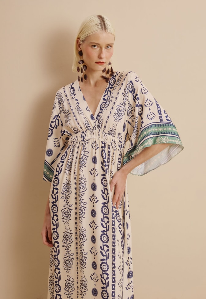 Vestido Maxi Midi Elástico Cintura Estampado Vinca