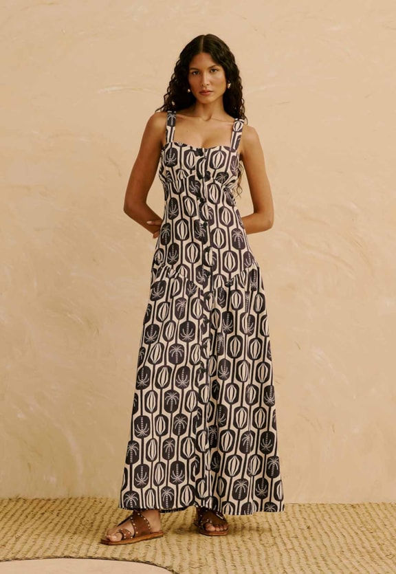 Vestido Maxi Midi Estampado Cacau Palmer Vista Frontal