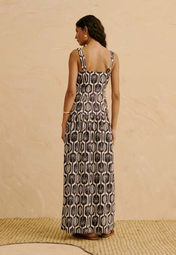 Vestido Maxi Midi Estampado Cacau Palmer Vista Traseira