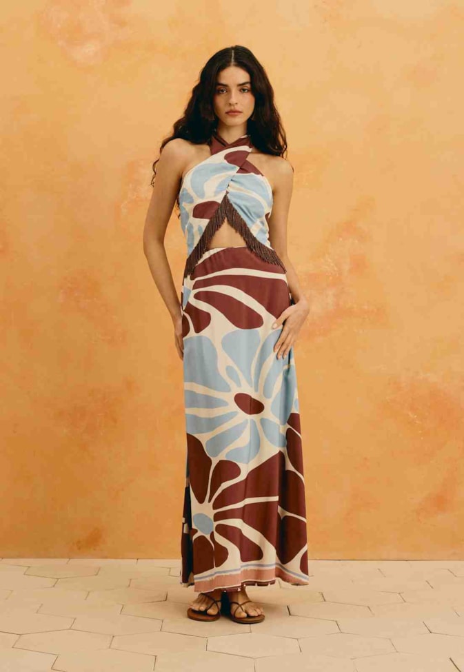 Vestido Maxi Midi Franja Miçanga Estampado Catleya