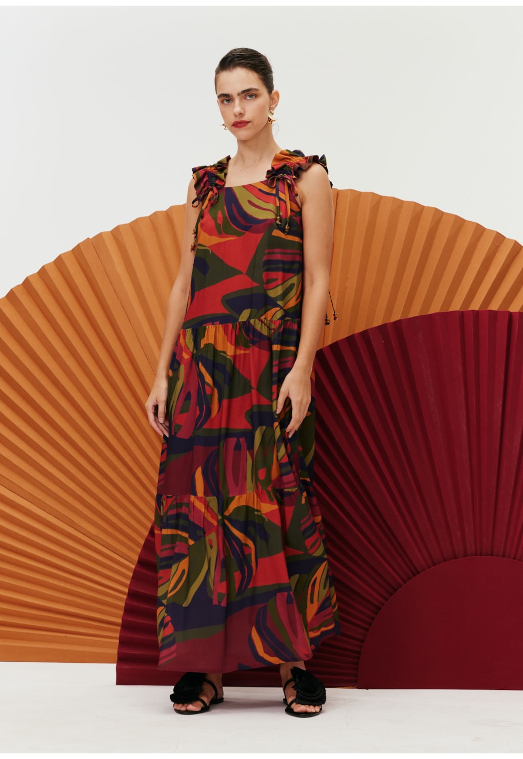 Vestido Maxi Midi Franzido Estampado Merengue