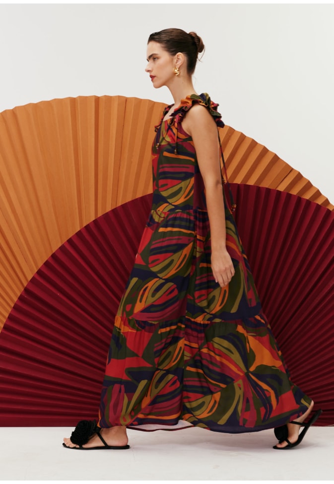 Vestido Maxi Midi Franzido Estampado Merengue