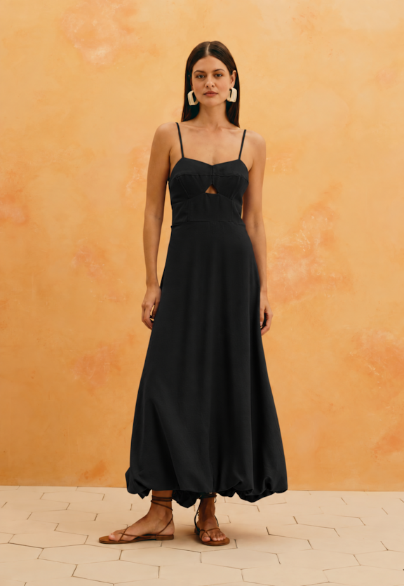 Vestido Maxi Midi Liso Balonê Vista Frontal