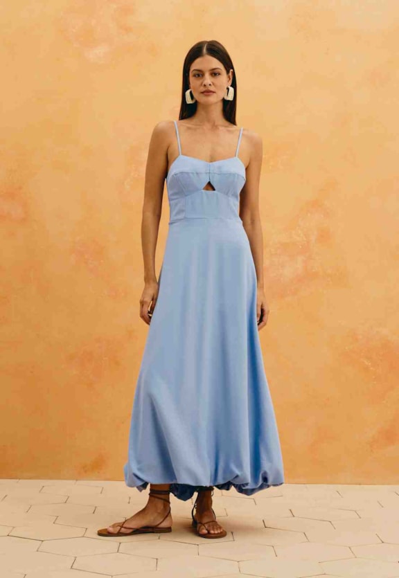 Vestido Maxi Midi Liso Balonê Vista Frontal