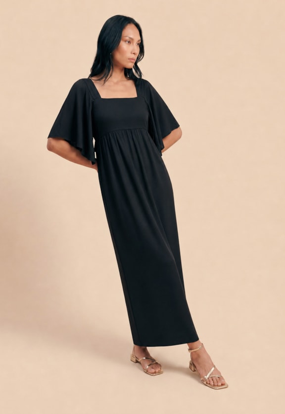 Vestido Maxi Midi Liso Manga com Pontas   Vista Frontal