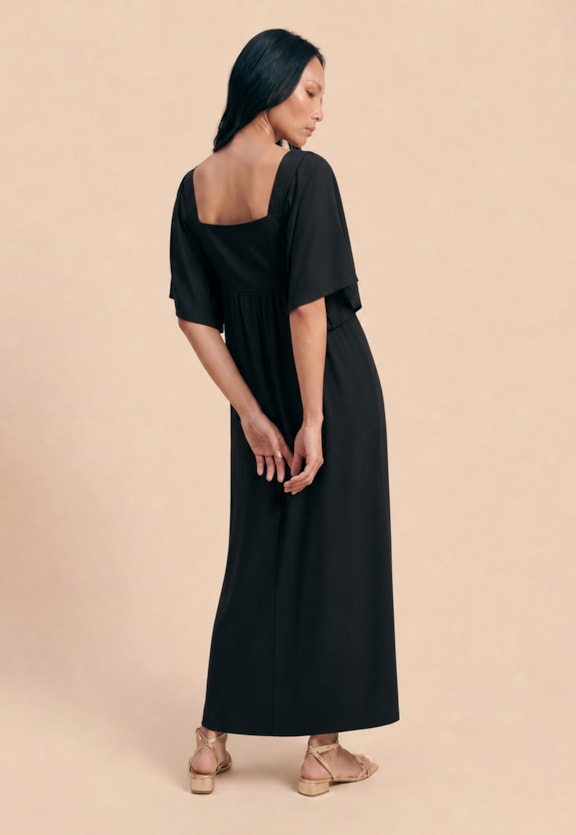 Vestido Maxi Midi Liso Manga com Pontas   Vista Traseira