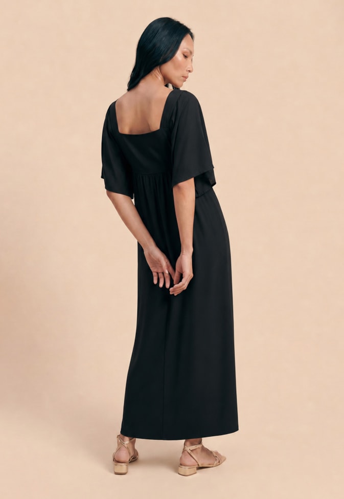 Vestido Maxi Midi Liso Manga com Pontas