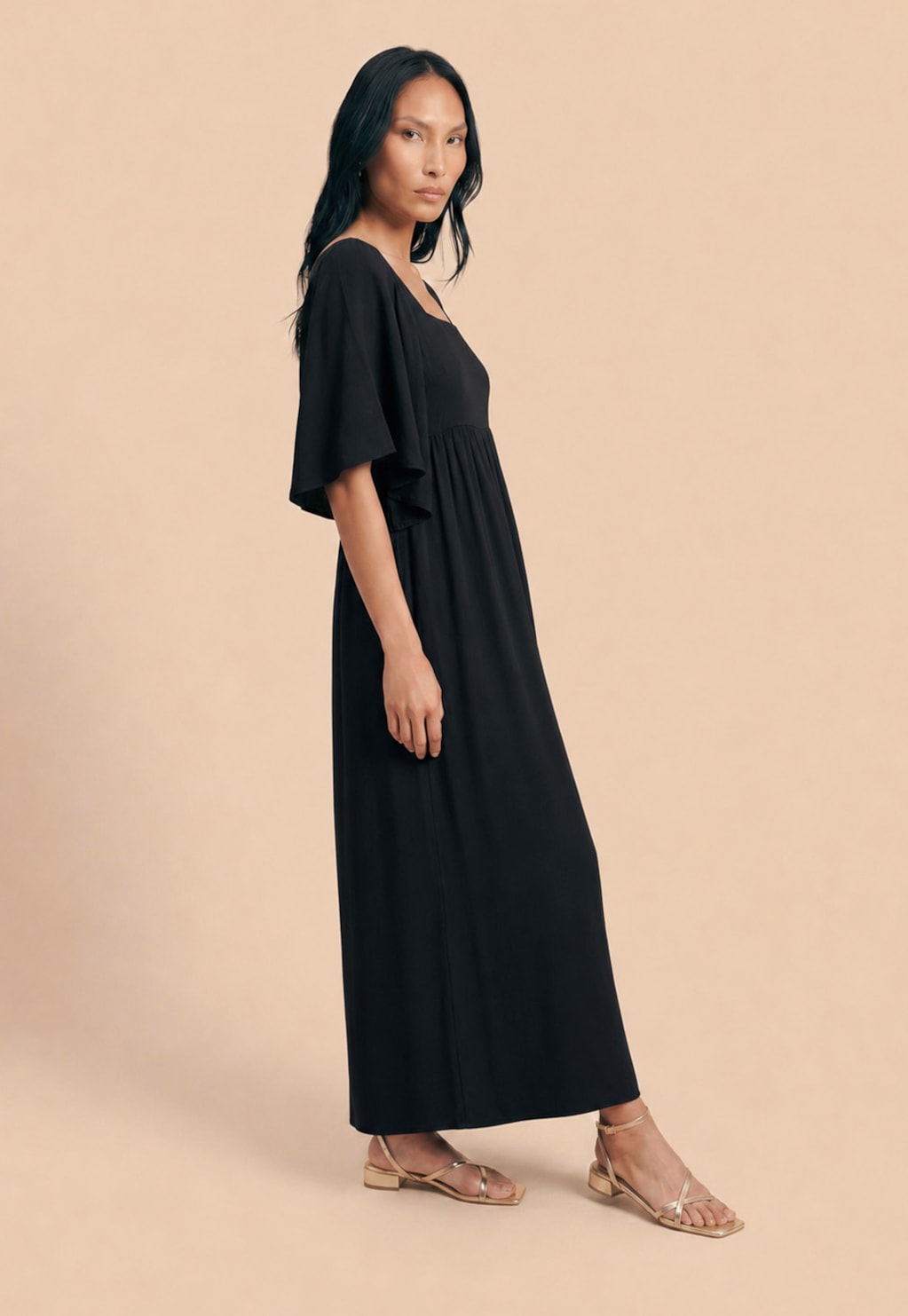 Vestido Maxi Midi Liso Manga com Pontas