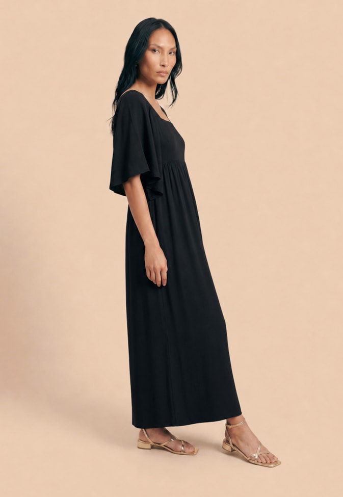 Vestido Maxi Midi Liso Manga com Pontas