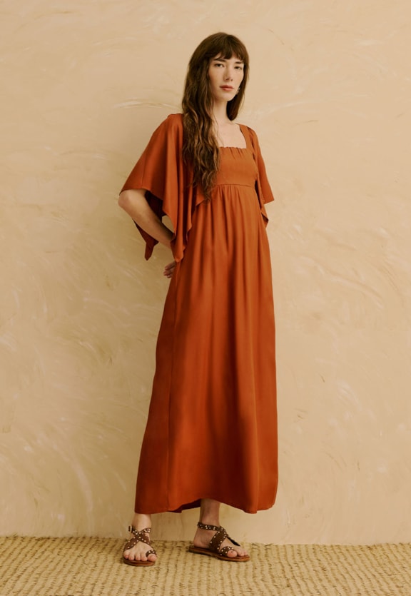 Vestido Maxi Midi Liso Manga com Pontas   Vista Frontal