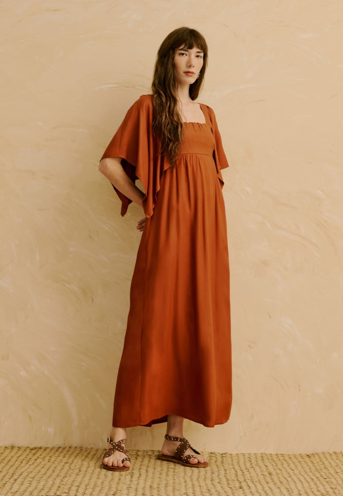 Vestido Maxi Midi Liso Manga com Pontas  