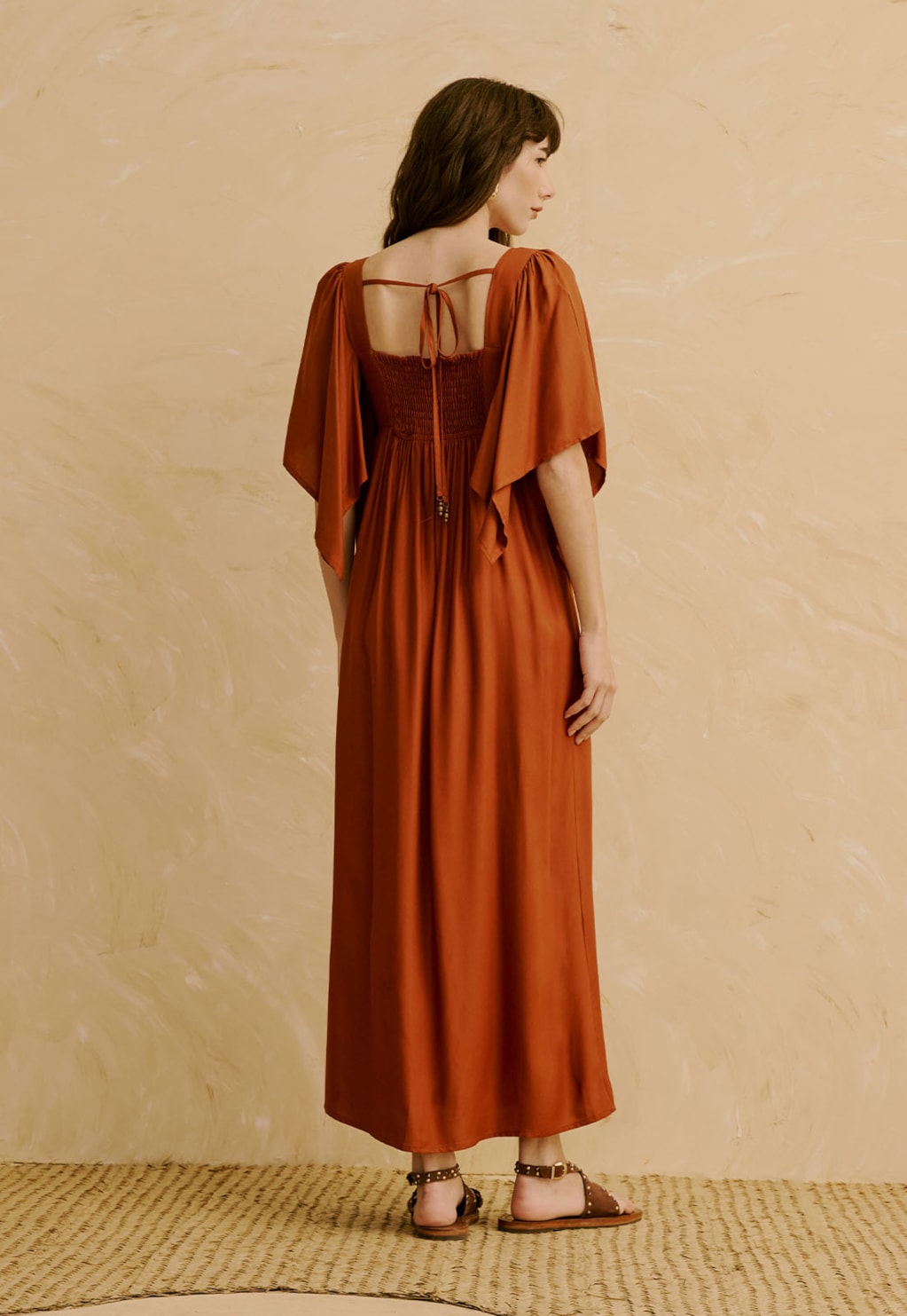 Vestido Maxi Midi Liso Manga com Pontas  