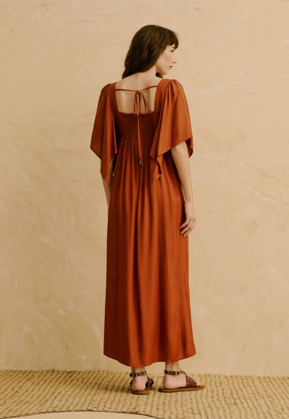 Vestido Maxi Midi Liso Manga com Pontas   Vista Traseira