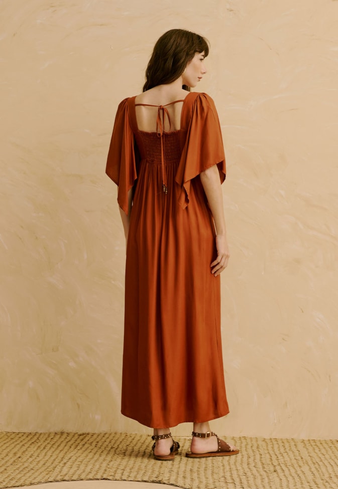 Vestido Maxi Midi Liso Manga com Pontas  