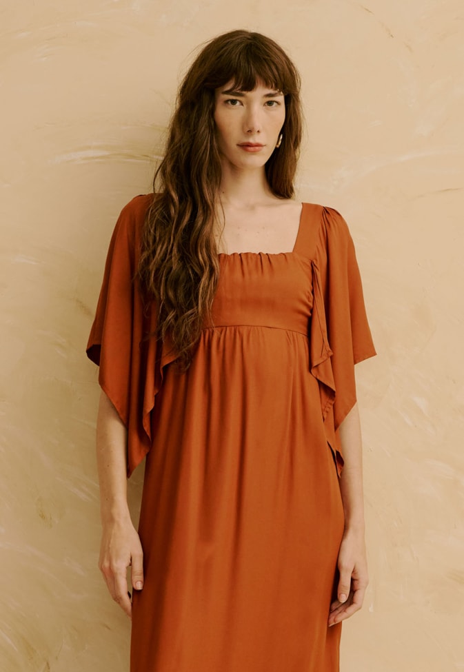 Vestido Maxi Midi Liso Manga com Pontas  