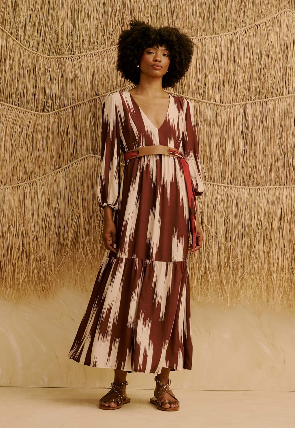 Vestido Maxi Midi Manga Bufante Estampado Amantani