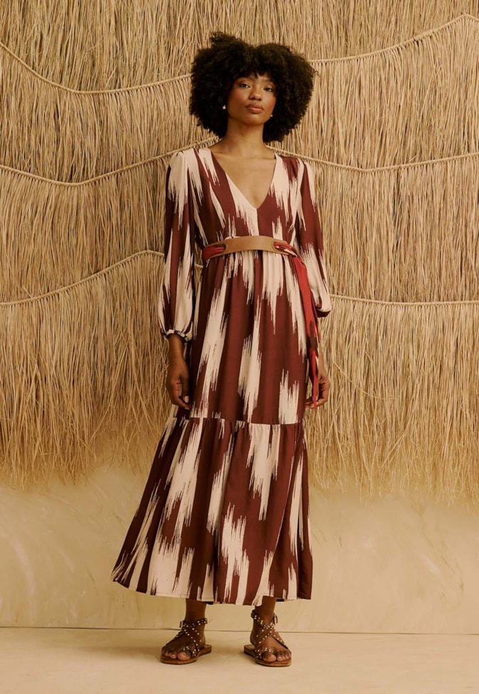 Vestido Maxi Midi Manga Bufante Estampado Amantani