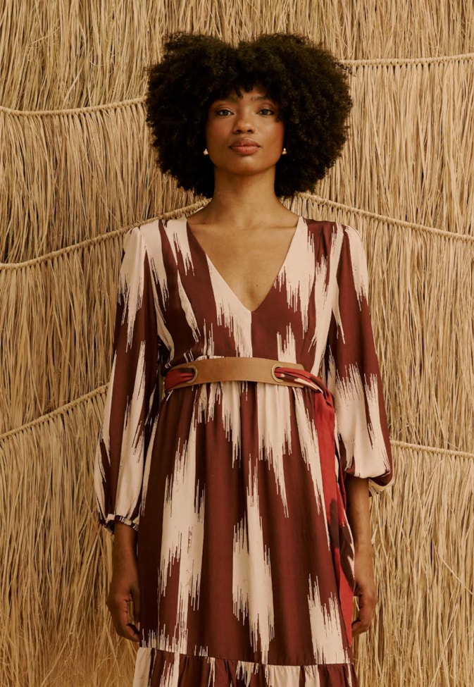 Vestido Maxi Midi Manga Bufante Estampado Amantani