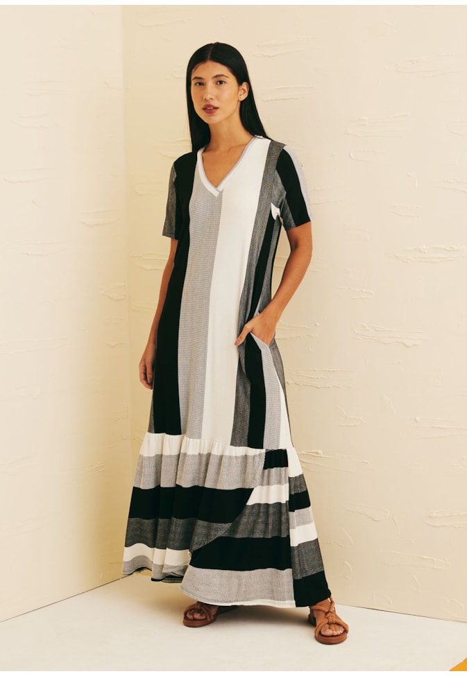 Vestido Maxi Midi Manga Curta Babado