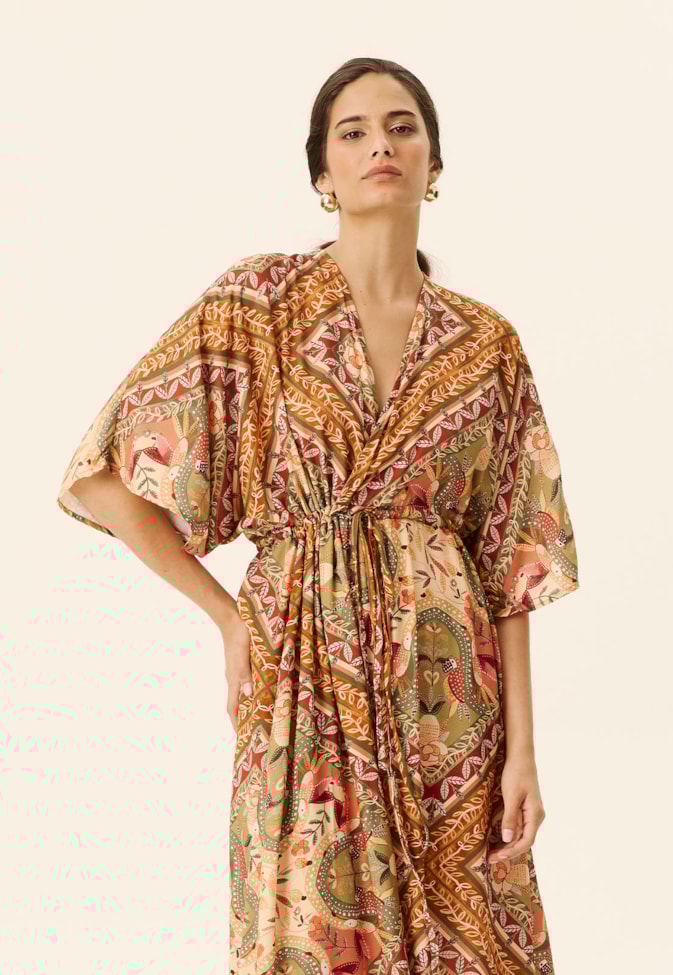 Vestido Maxi Midi Transpassado Estampado Lenço Ipê